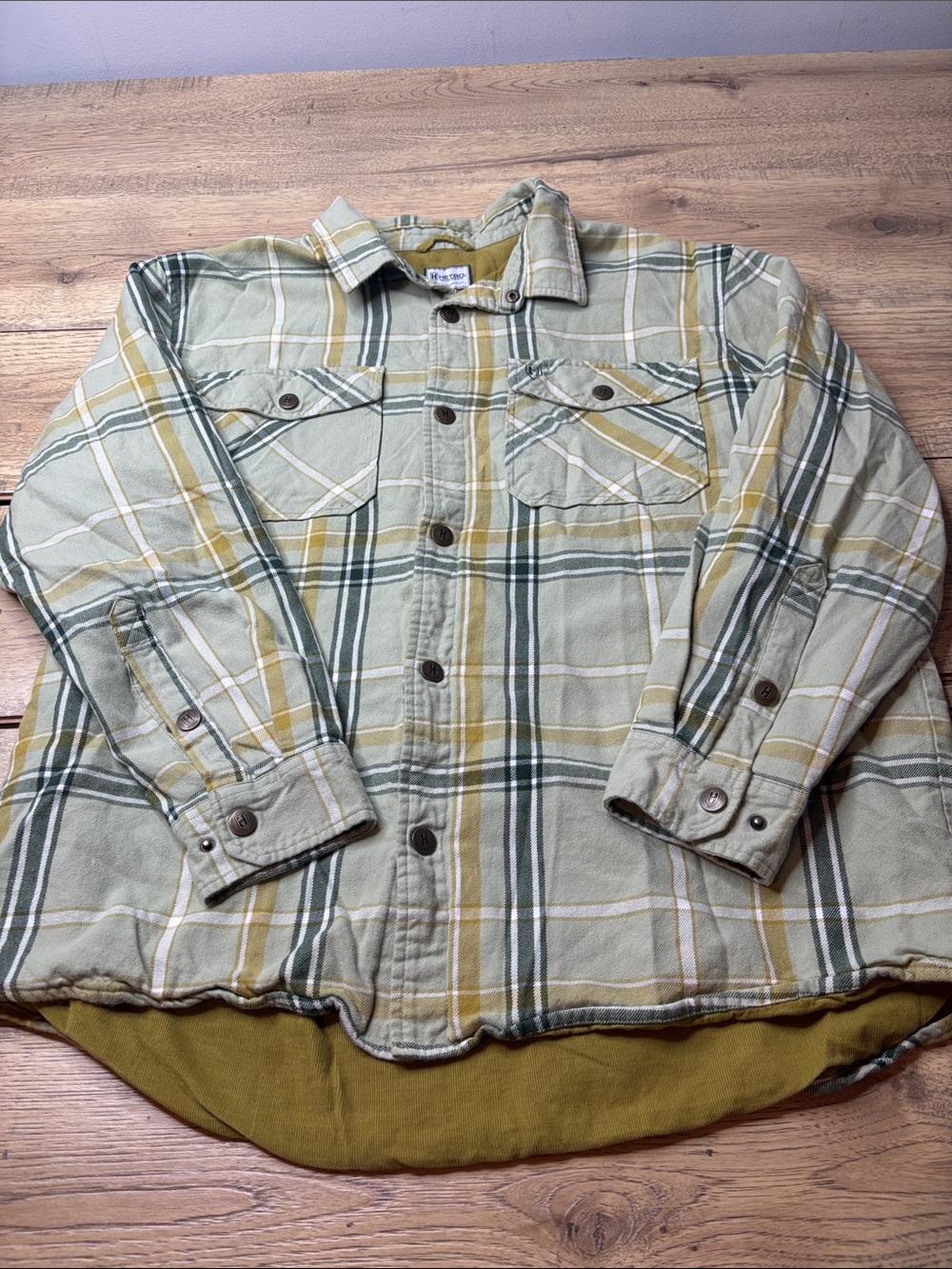 Men’s HEYBO Thermal Light Green Plaid Button-Up Shirt Jacket Size Large